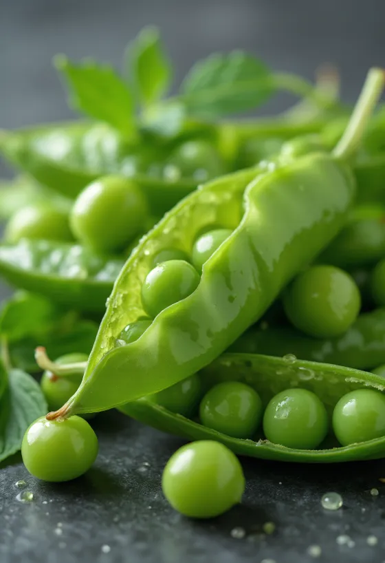 Ervilhas tortas frescas e verdes sobre fundo de madeira rústica