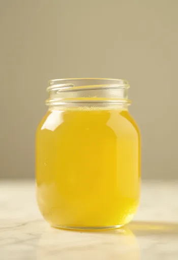 Manteiga ghee dourada em pote de vidro com colher de pau