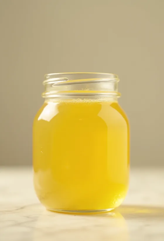 Manteiga ghee dourada em pote de vidro com colher de pau