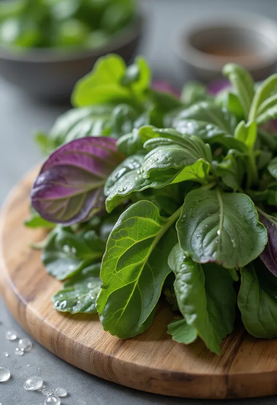 Folhas e caules de armoles, cor verde fresca, fundo de madeira rústica