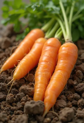 Cenouras frescas com ramas verdes sobre madeira