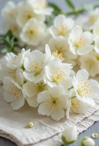 Flor de acácia fresca como flor comestível servida em prato branco