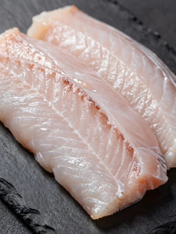 Filés de enguia frescos com especiarias em tábua de madeira