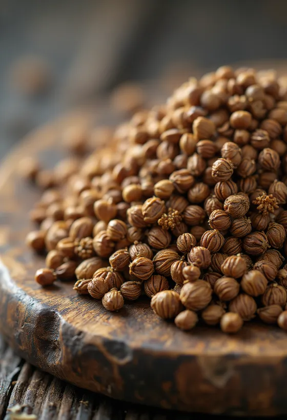 Sementes de erva-doce secas sobre superfície de madeira, em forma natural