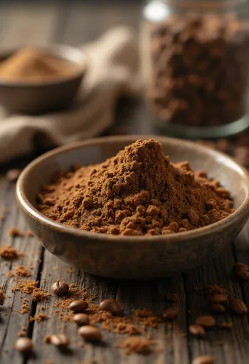 Granulado de café de cevada torrada e grãos inteiros em colher de pau e tigela