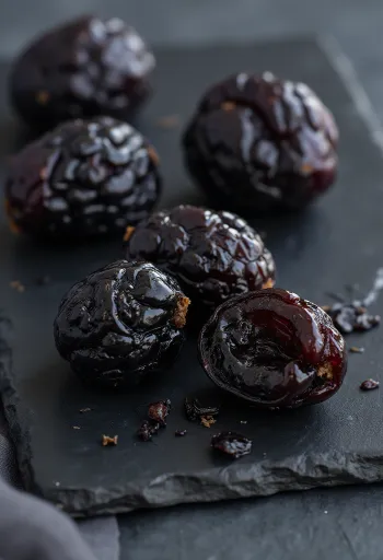 Ameixas secas em tigela de cerâmica com ameixas frescas e canela