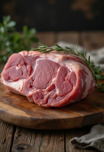 Filé de pernil de cordeiro cru em superfície rústica de madeira, com gordura