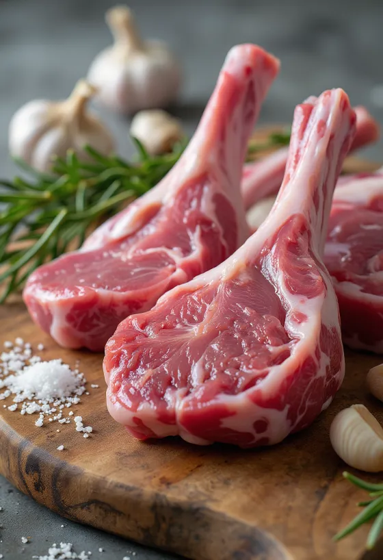 Pedaços de carne de cordeiro fresca com alecrim, alho e pimenta