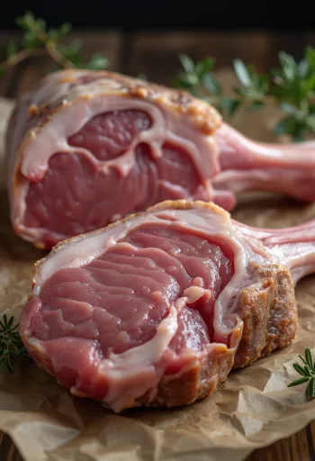 Carne de paleta de cordeiro crua em superfície rústica de madeira com luz natural