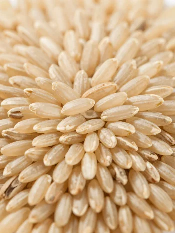 Grãos de arroz integral cru em tigela rústica na bancada da cozinha