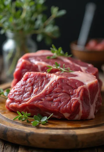 Cortes de steak de bisão cru com especiarias em tábua de madeira
