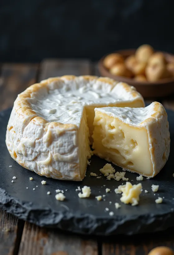 Queijo Brie fresco inteiro e fatiado em tábua de madeira com uvas