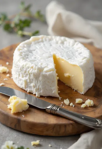 Queijo brie fatiado em tábua de madeira, com interior cremoso