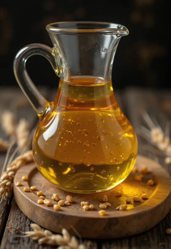 Óleo de gérmen de trigo dourado em tigela pequena com grãos
