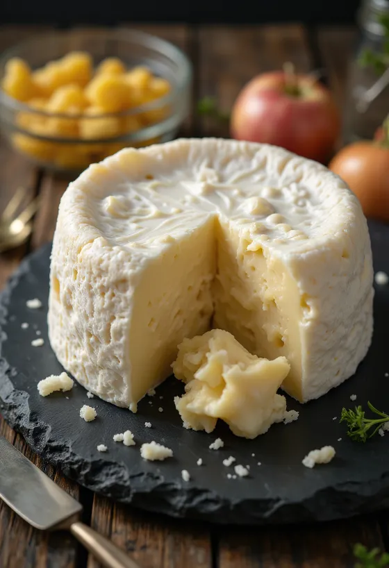 Queijo Camembert fatiado em tábua de madeira, com interior cremoso