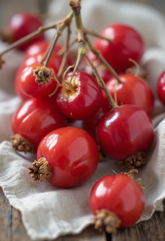 Frutos de rosa mosqueta frescos cortados, com polpa vermelha e sementes em superfície rústica