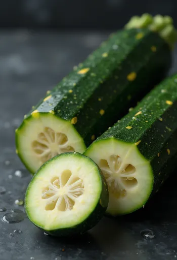 Abobrinha fresca cortada ao meio, com interior claro e casca verde lisa