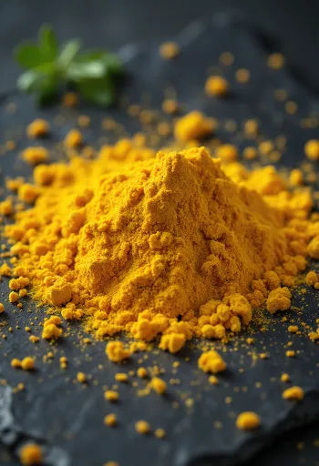 Pó de curry amarelo dourado em tigela e espalhado na mesa