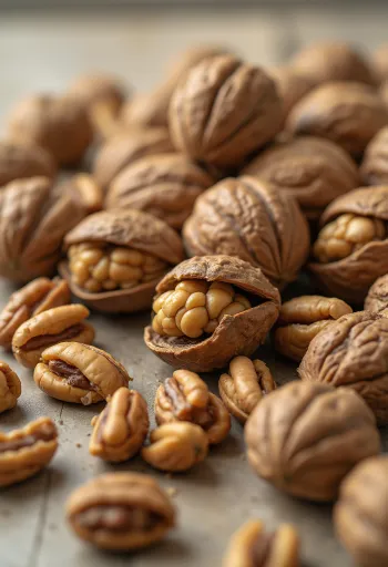 Miolo de noz cortado ao meio em tigela de madeira e espalhado em superfície rústica