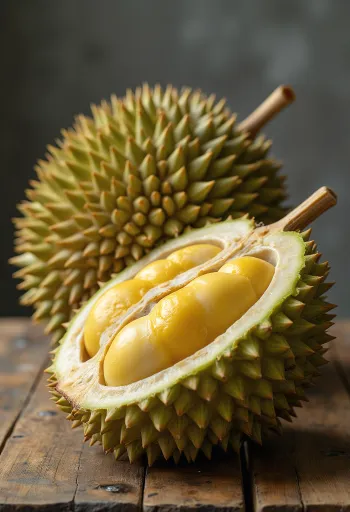 Fruta durian inteira e aberta com casca espinhosa e polpa cremosa