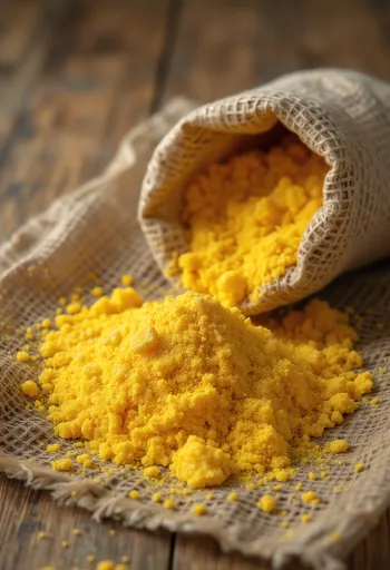 Fubá grosso amarelo-dourado (polenta) em tigela de madeira e espalhado na superfície