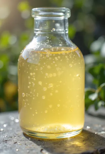 Variedades de vinagre e ingredientes crus (maçã, uva) em mesa de madeira
