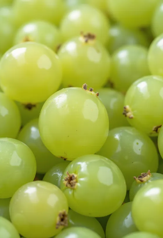 Bagas de uva-crispa (groselha) verdes e vermelhas frescas, fatiadas, com folha em superfície de madeira