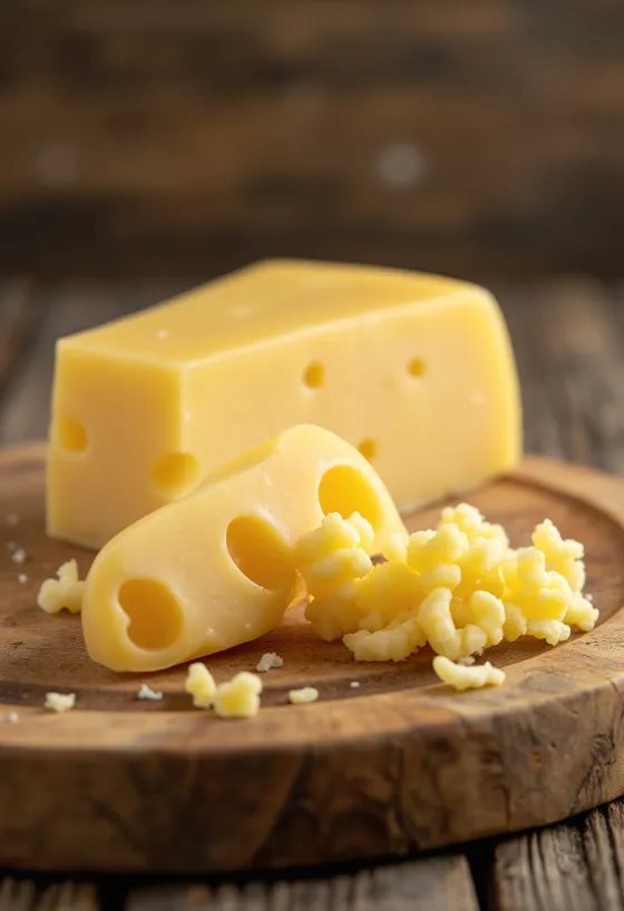 Queijo Emmental fatiado com seus característicos furos