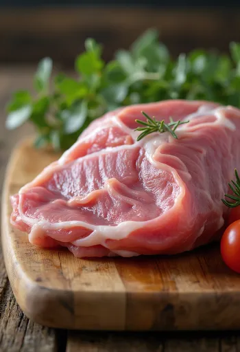 Carne de faisão crua filetada com especiarias sobre tábua de madeira
