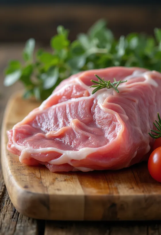 Carne de faisão crua filetada com especiarias sobre tábua de madeira
