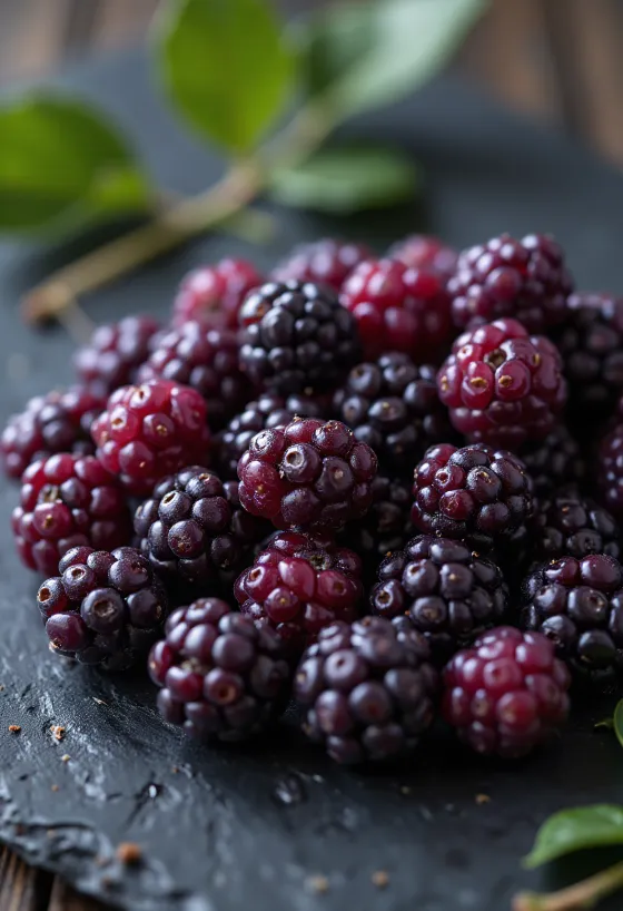 Amoras frescas (fruto da amoreira) em várias cores, cortadas e inteiras