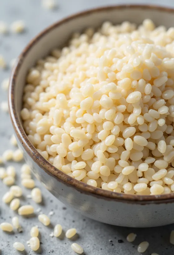 Grãos de quinoa branca crus, com textura detalhada e cor creme natural.