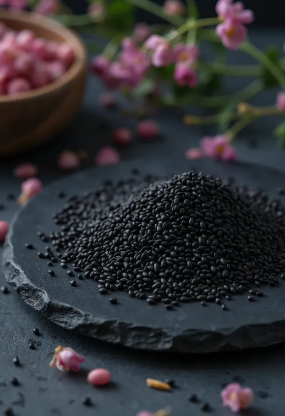Sementes de gergelim preto em tigela rústica, sob iluminação natural