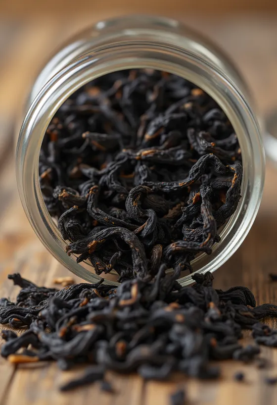 Chá preto a granel em tigela e colher de pau, uso culinário