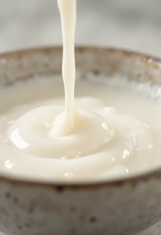 Creme de leite culinário em jarra de vidro, molho cremoso ao lado