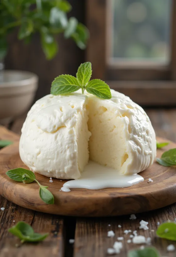 Mozzarella de leite de vaca fresca em tigela branca sobre madeira