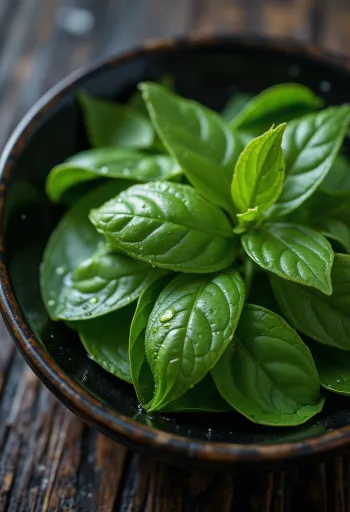Folhas de chá frescas espalhadas em superfície clara, cor verde vibrante