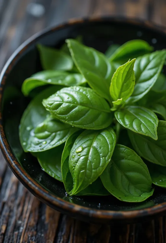 Folhas de chá frescas espalhadas em superfície clara, cor verde vibrante