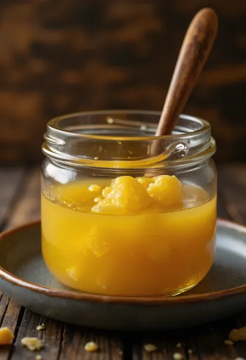 Ghee (manteiga clarificada) dourado em pote de vidro com colher