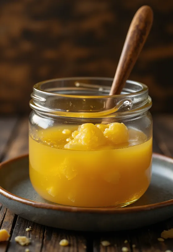 Ghee (manteiga clarificada) dourado em pote de vidro com colher