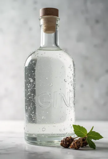 Garrafa de gin e taça com gelo, bagas de zimbro e especiarias ao redor