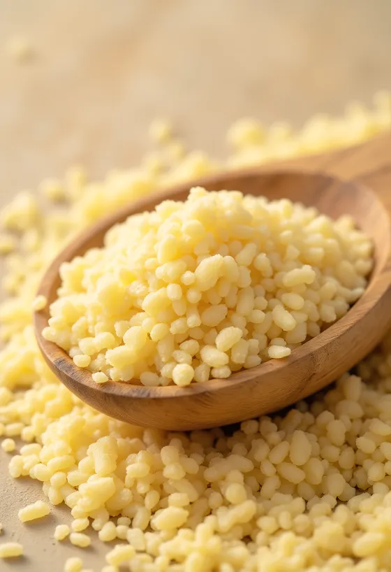 Semolina crua, também chamada de sêmola de trigo, em tigela rústica sobre madeira