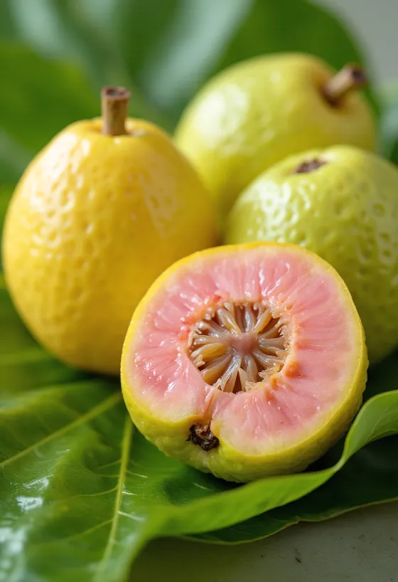 Frutas de goiaba fresca cortadas, polpa rosa e casca verde sobre superfície de madeira
