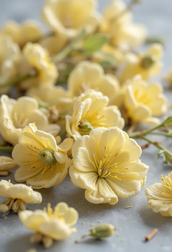 Flores de tília secas em tigela de madeira e espalhadas