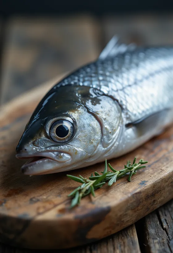 Arenque fresco com limão, cebola e endro em tábua de madeira