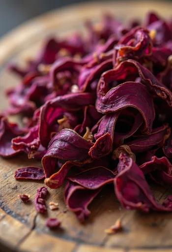 Pétalas de hibisco secas em tigela e espalhadas