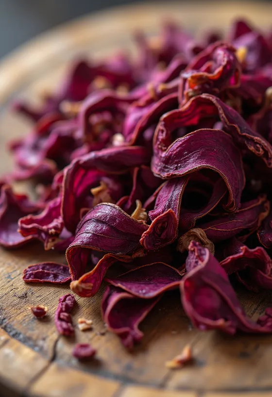 Pétalas de hibisco secas em tigela e espalhadas