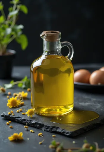 Óleo de colza prensado a frio em tigela de vidro, com sementes e flor amarela