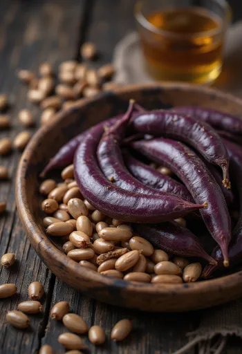 Grãos de feijão-jacinto secos com detalhe da marca branca