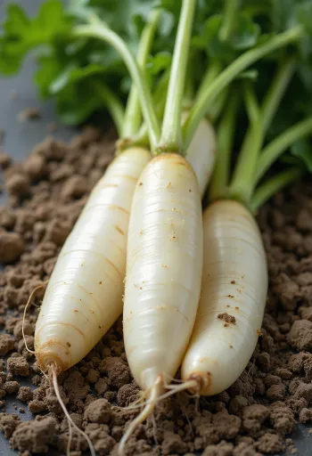 Nabo daikon longo e branco fresco com folha verde e fatiado em tábua
